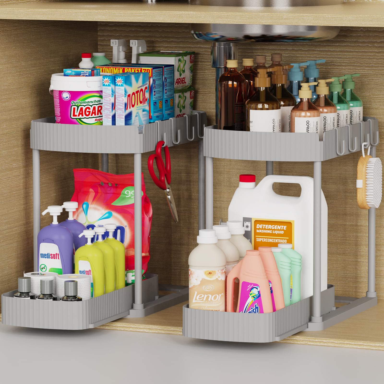 Ukeetap two-pack pull-out under-sink organizer in Grey for easy access.