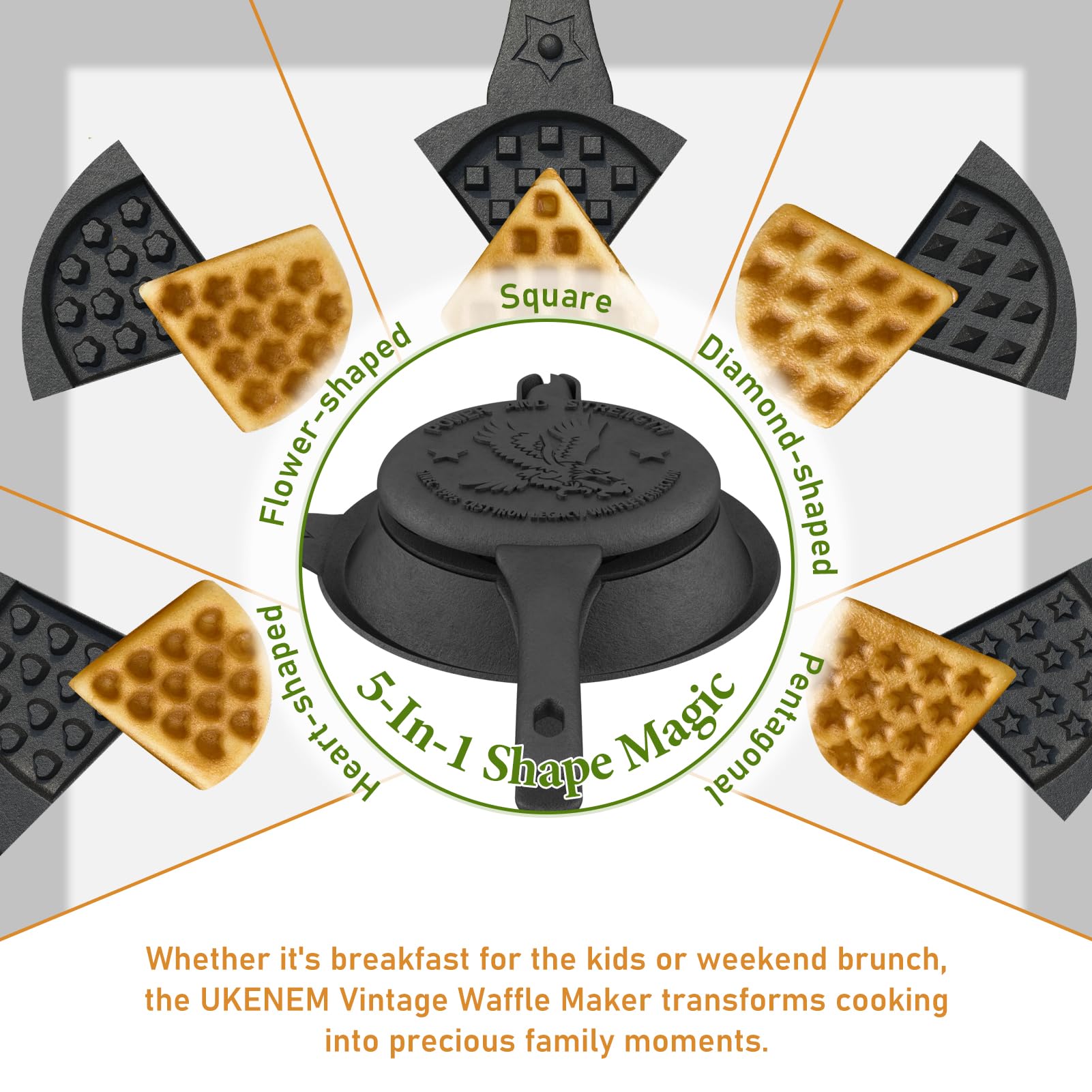 UKENEM waffle maker with drip-catching base for quick cleanup