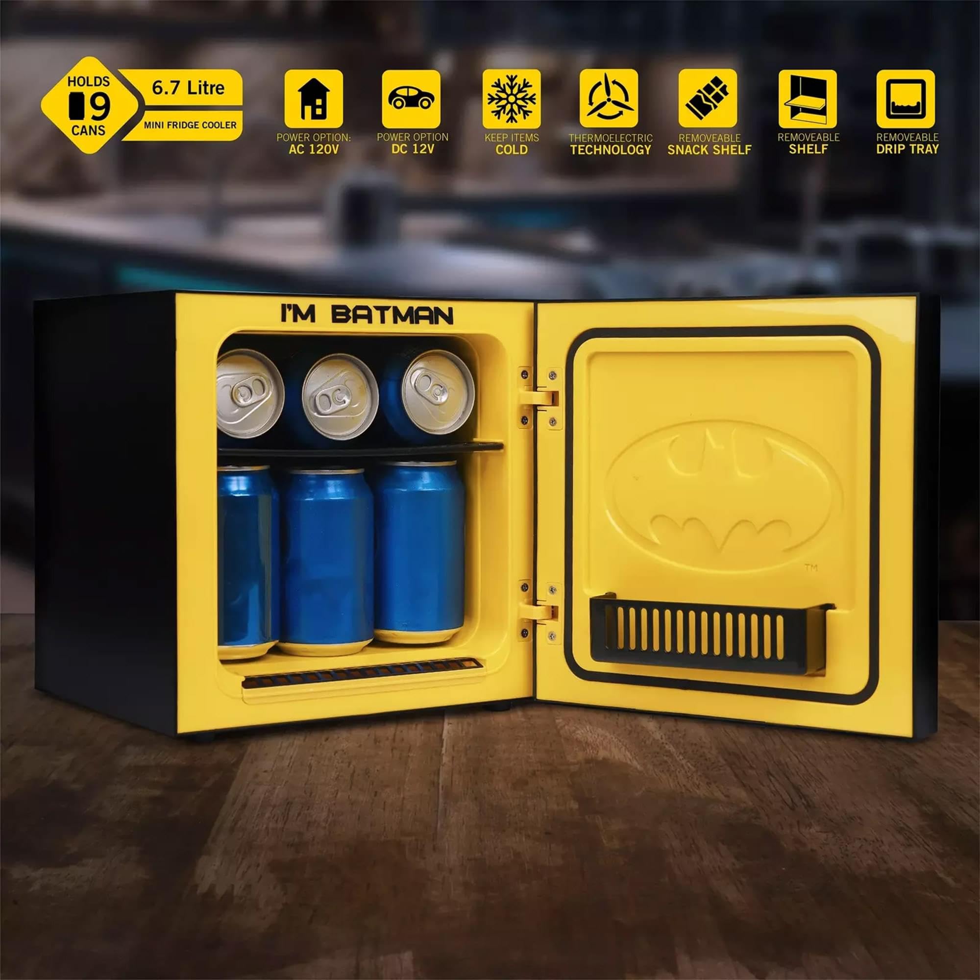 Ukonic Batman mini fridge in a dorm setup.