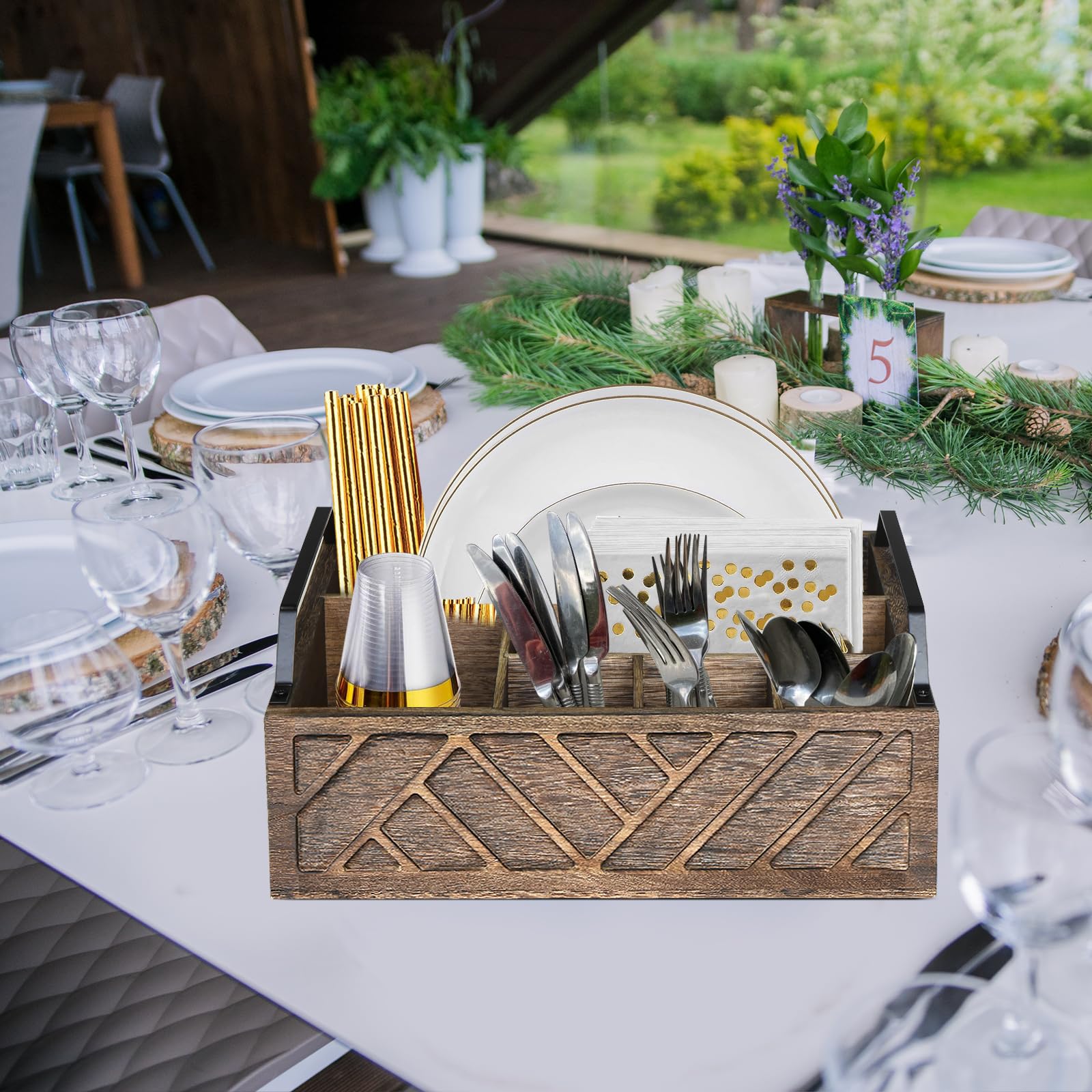 Ukonvi carved brown wood utensil caddy adds rustic kitchen charm.