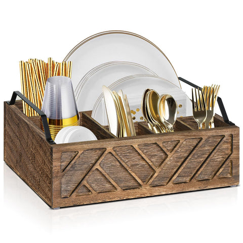 Ukonvi paper plate dispenser with handles on brown wood for easy desktop serving.