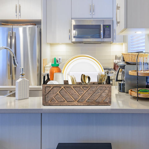 Ukonvi top-open paper plate holder for fast access during meals.