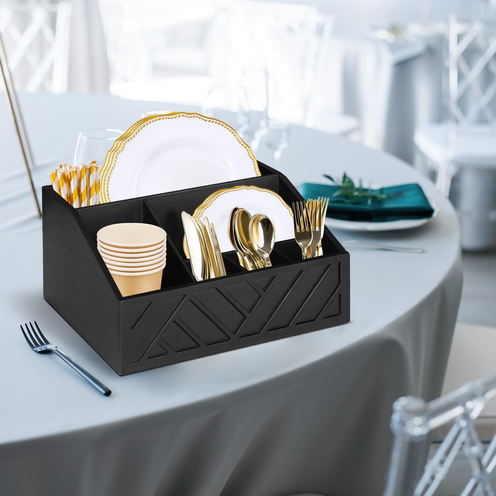 Ukonvi wood utensil caddy front with cups and napkins