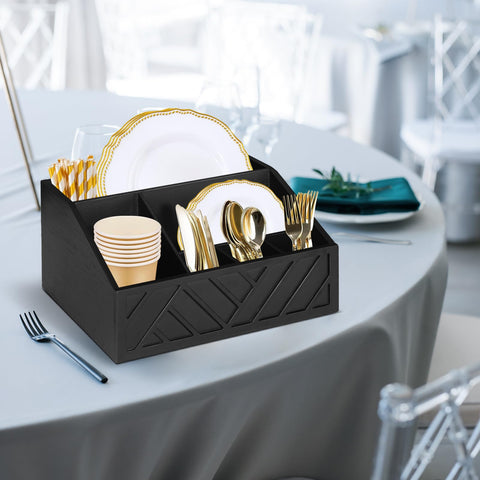 Ukonvi wood utensil caddy front with cups and napkins