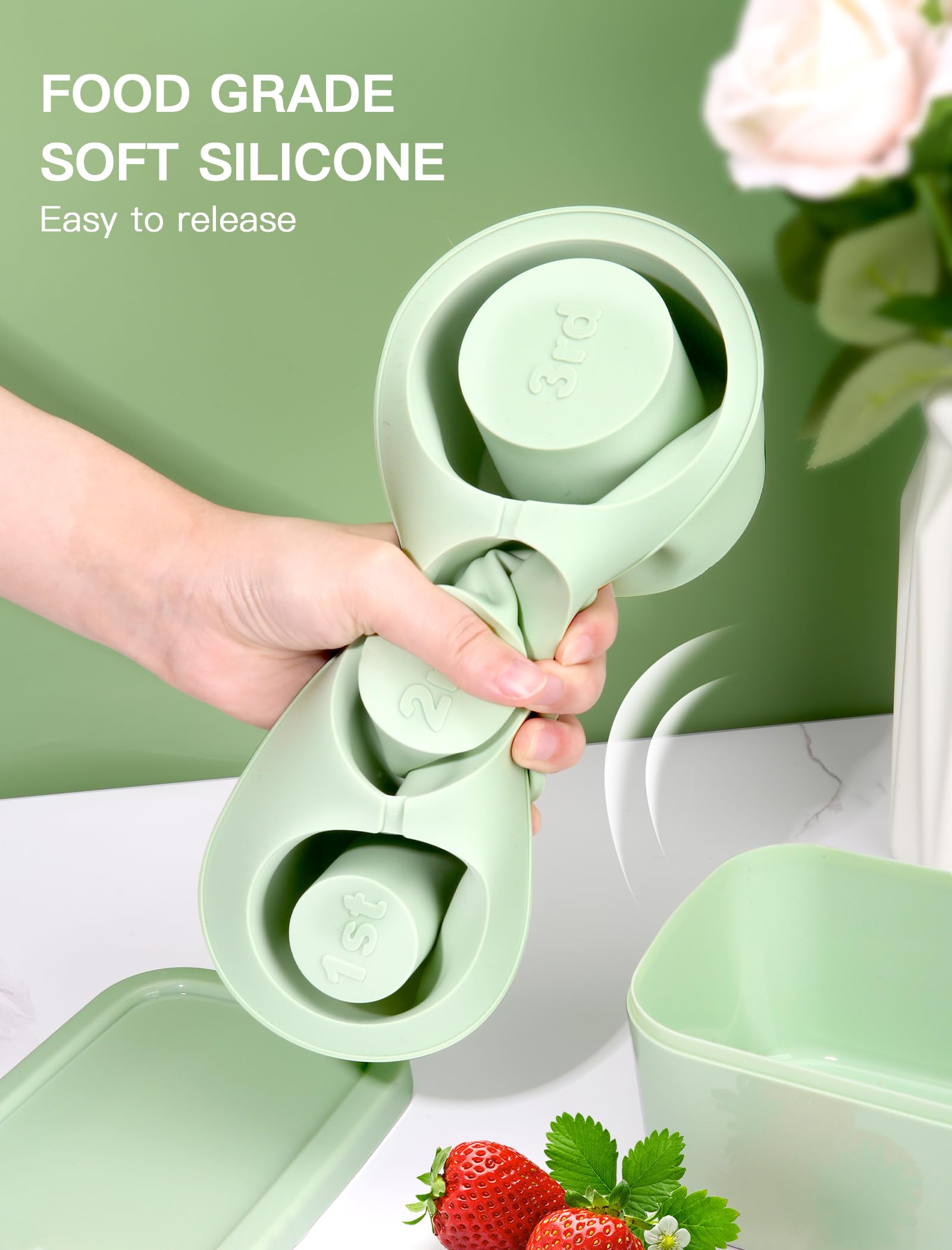Ukulork easy-release design for quick cube removal from silicone tray.