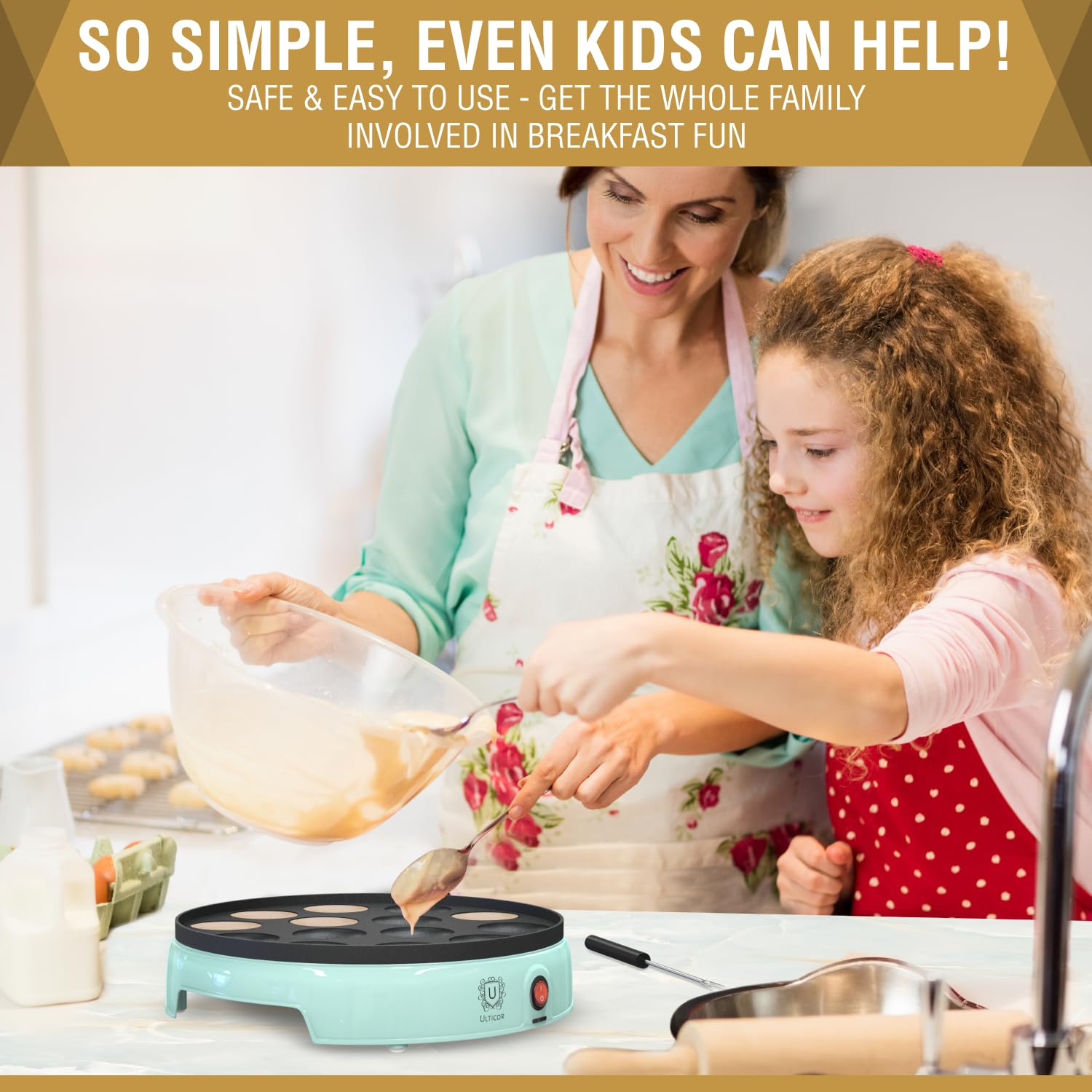 ULTICOR electric pancake maker showing even heating and golden mini pancakes.