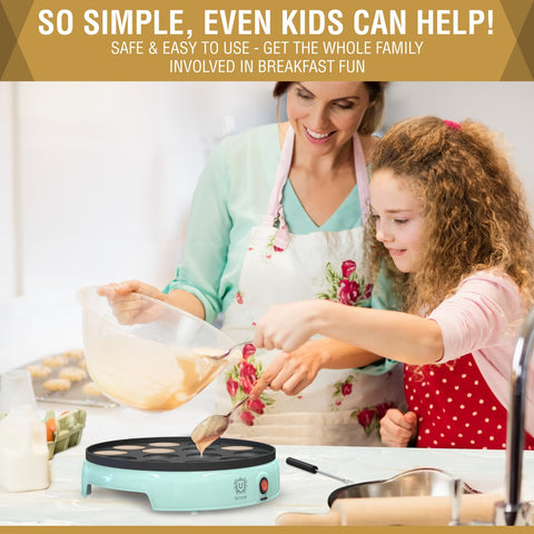 ULTICOR electric pancake maker showing even heating and golden mini pancakes.
