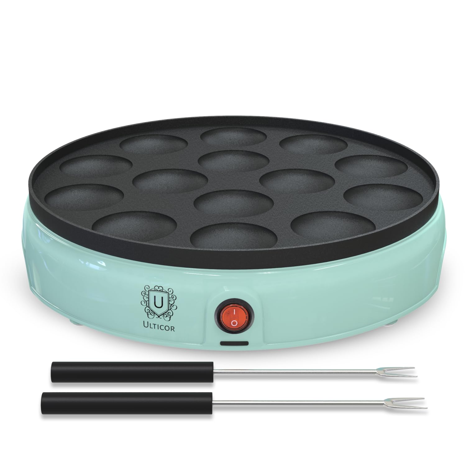 ULTICOR mini pancake maker with 14-hole cavity cooking batter for quick breakfasts.