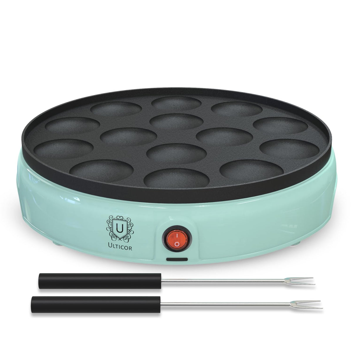 ULTICOR mini pancake maker with 14-hole cavity cooking batter for quick breakfasts.