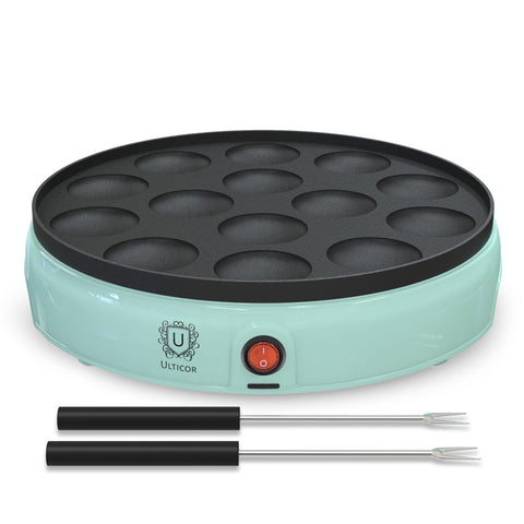 ULTICOR mini pancake maker with 14-hole cavity cooking batter for quick breakfasts.