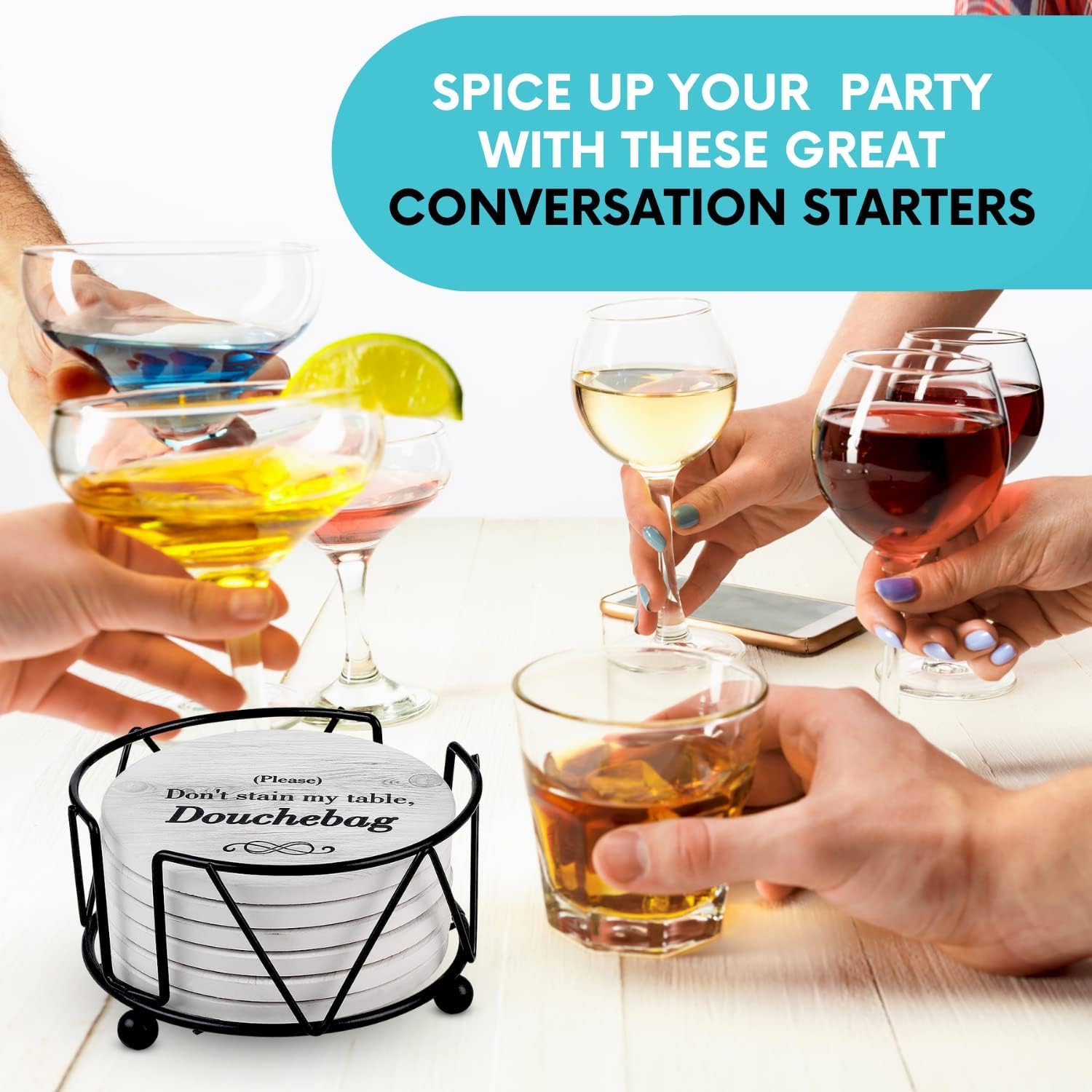 Ultimate Hostess coasters featuring three guest-friendly sayings for varied personalities