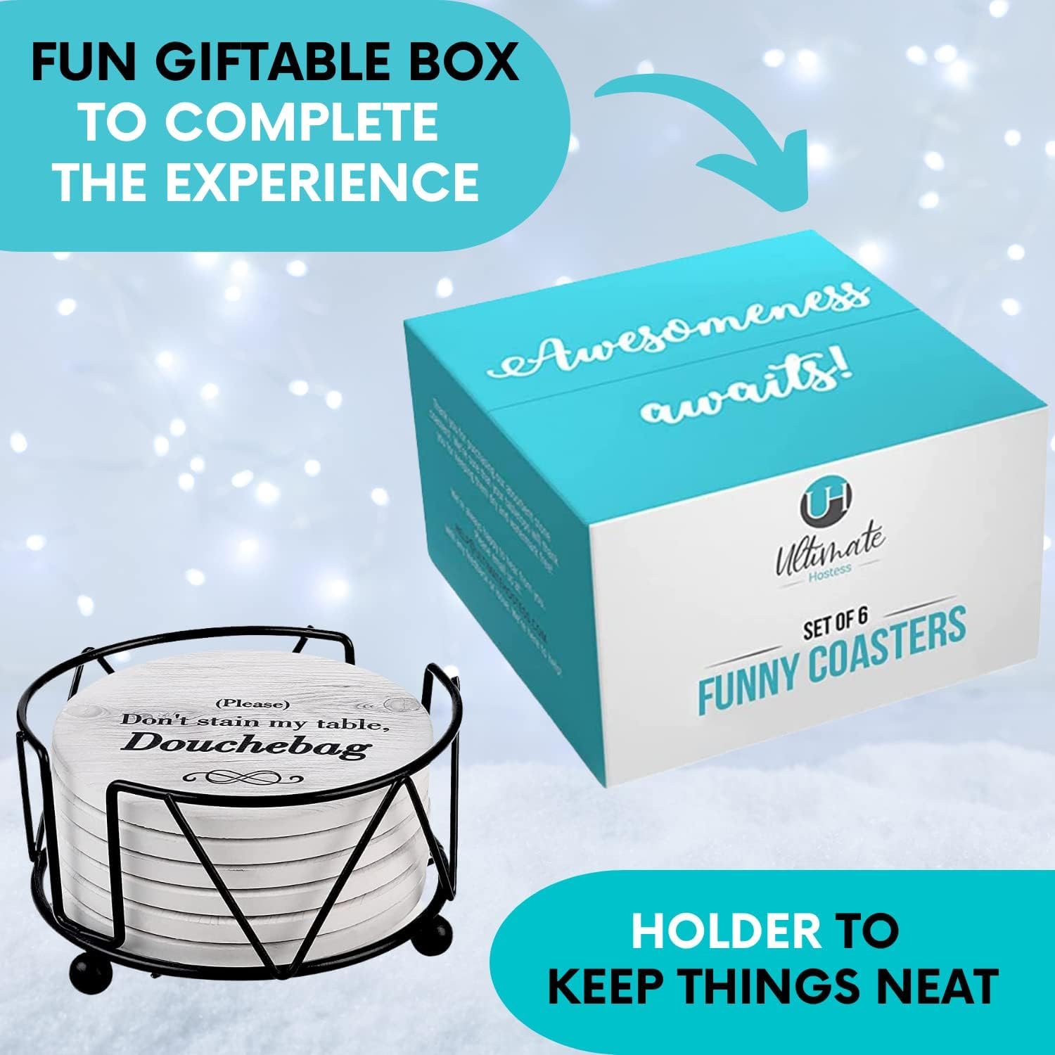 Ultimate Hostess funny coasters for festive room decor and conversation starters