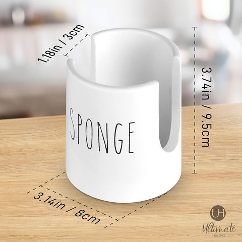 Ultimate Hostess sponge holder near the faucet, showcasing farmhouse charm and organization.