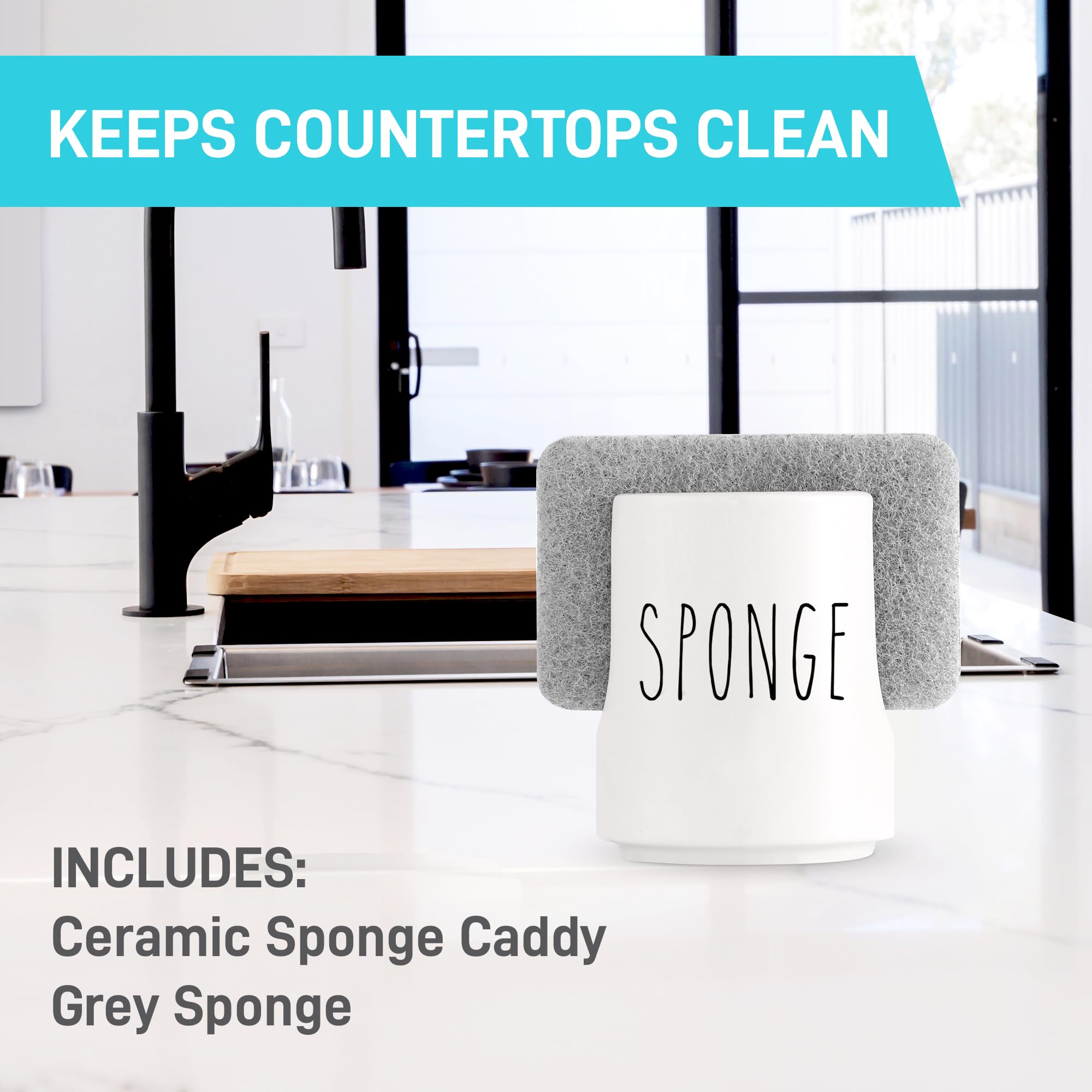 Ultimate Hostess sponge holder beside the sink, keeps sponges dry and counter clean.