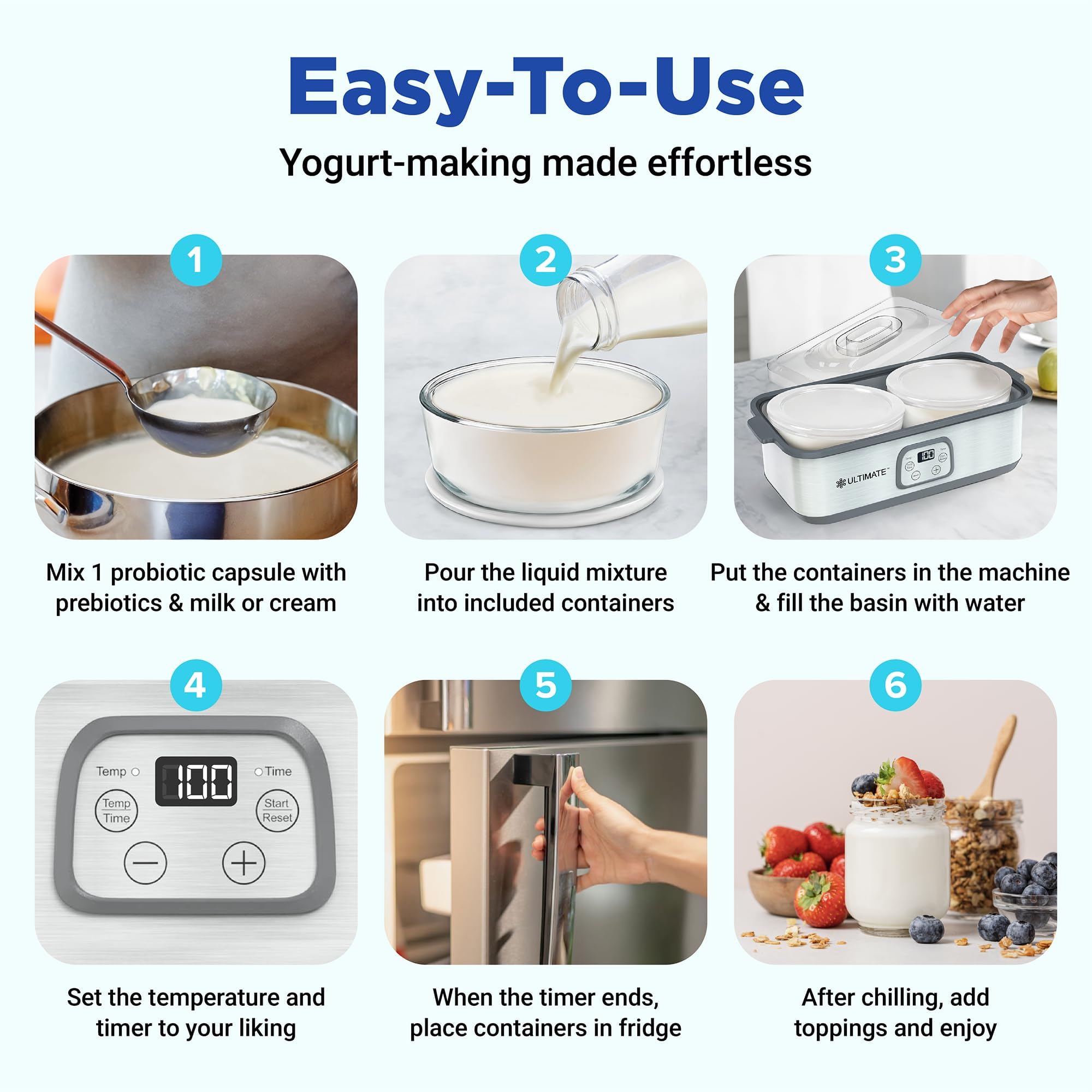 Ultimate Probiotic Yogurt Maker adjustable time and temp for tailored fermentation results.
