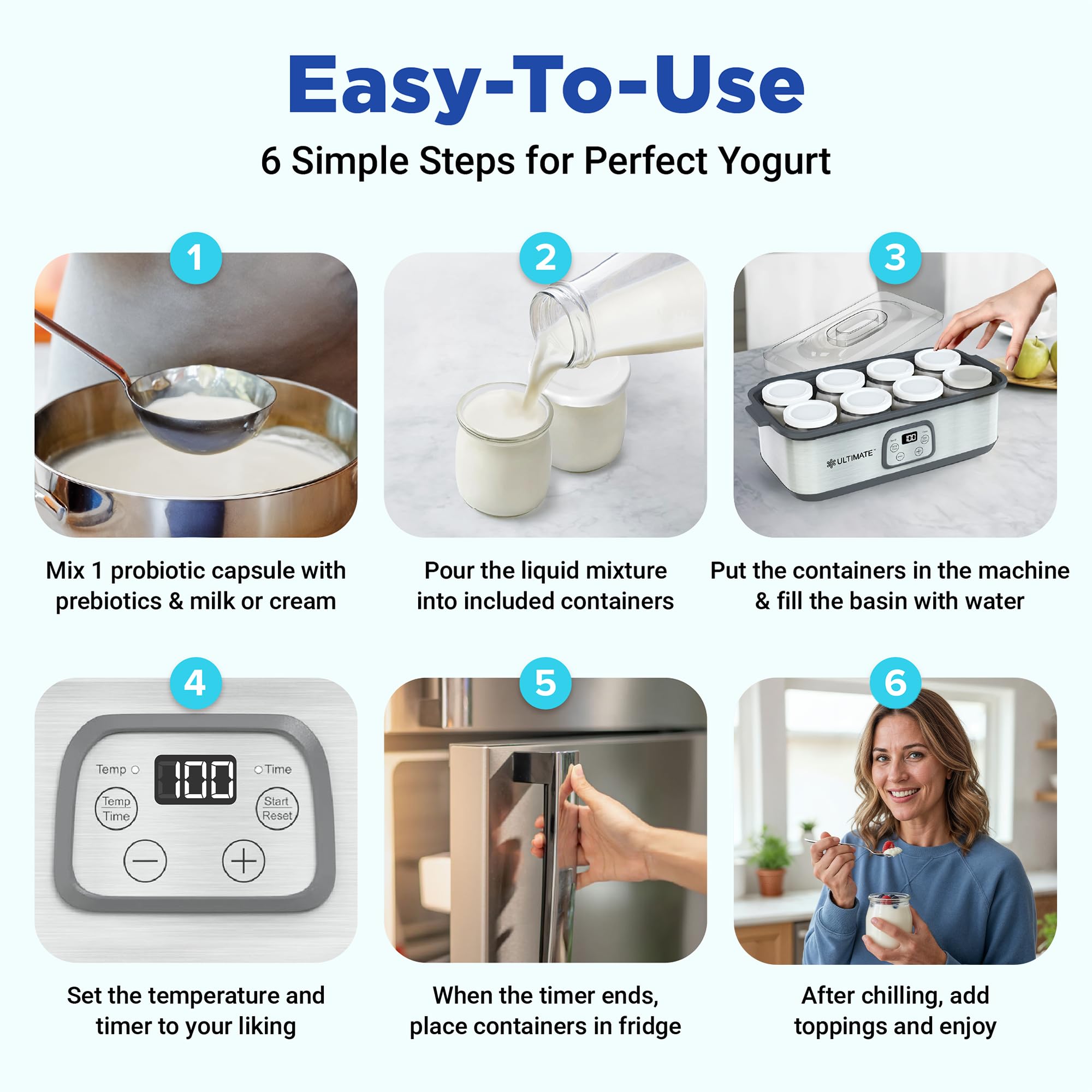 Ultimate Probiotic Yogurt Maker BPA-free design supports family-friendly, safe yogurt making.
