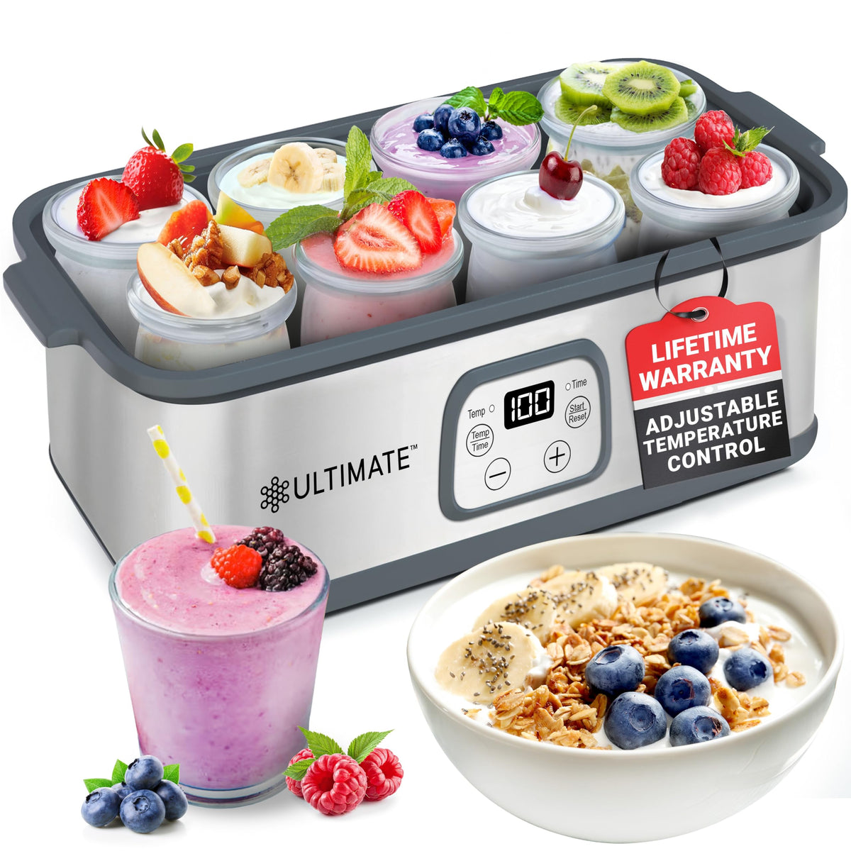Ultimate Probiotic Yogurt Maker control panel demonstrates precise temperature control for custom yogurt.