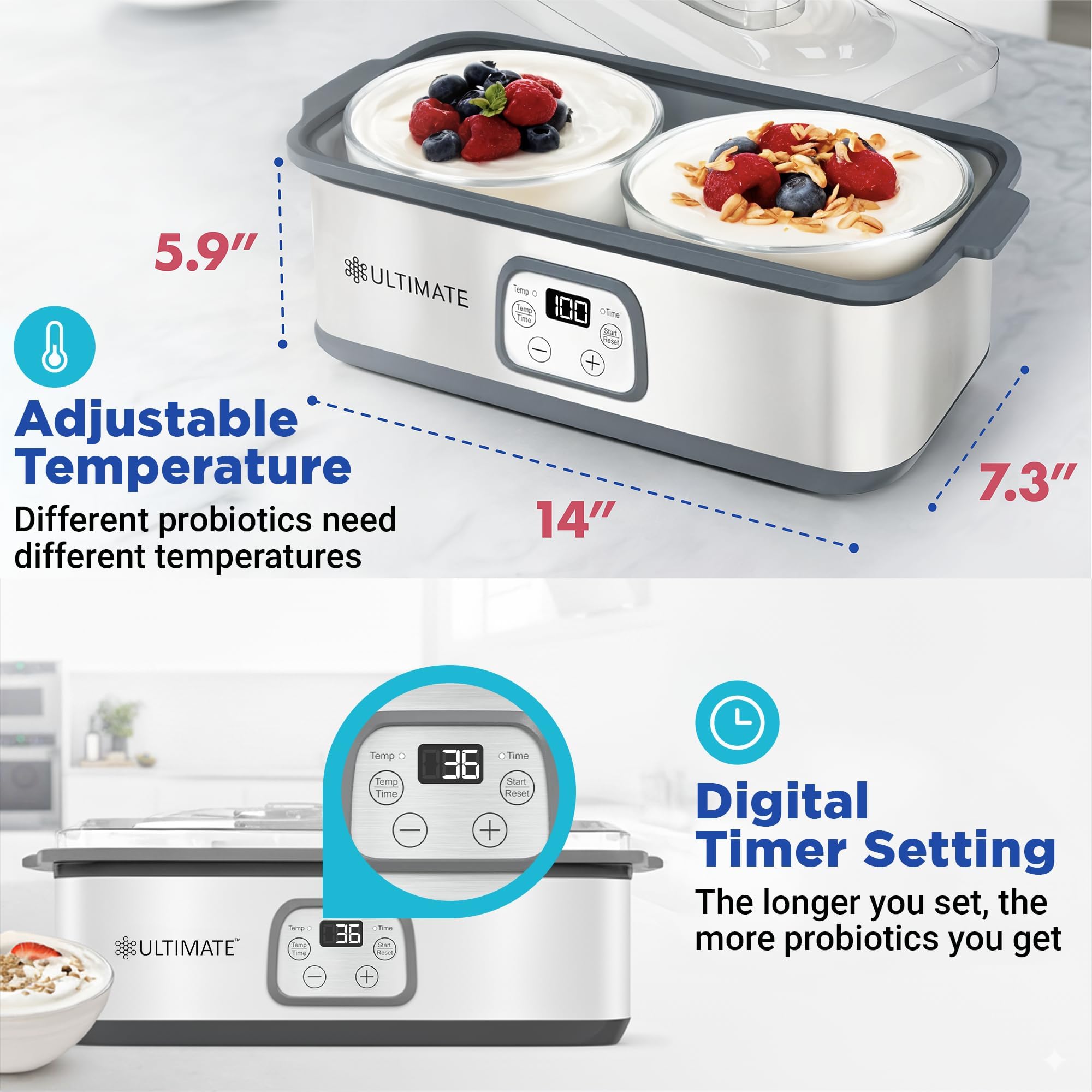 Ultimate Probiotic Yogurt Maker with two 1-quart containers enables larger batch yogurt.