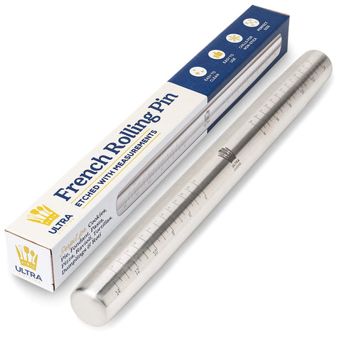 Ultra Cuisine French rolling pin with etched measurements for precise dough thickness.