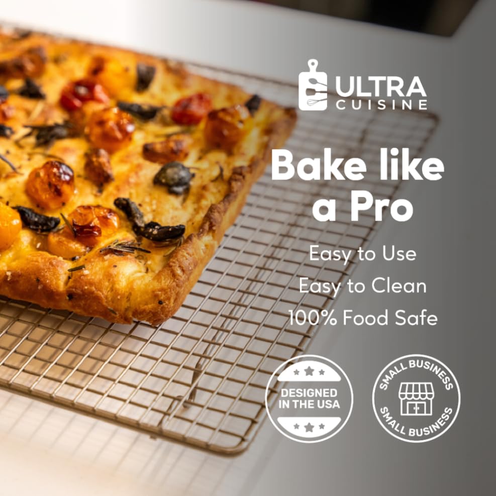 Ultra Cuisine racks fitting a standard half-sheet pan for stability