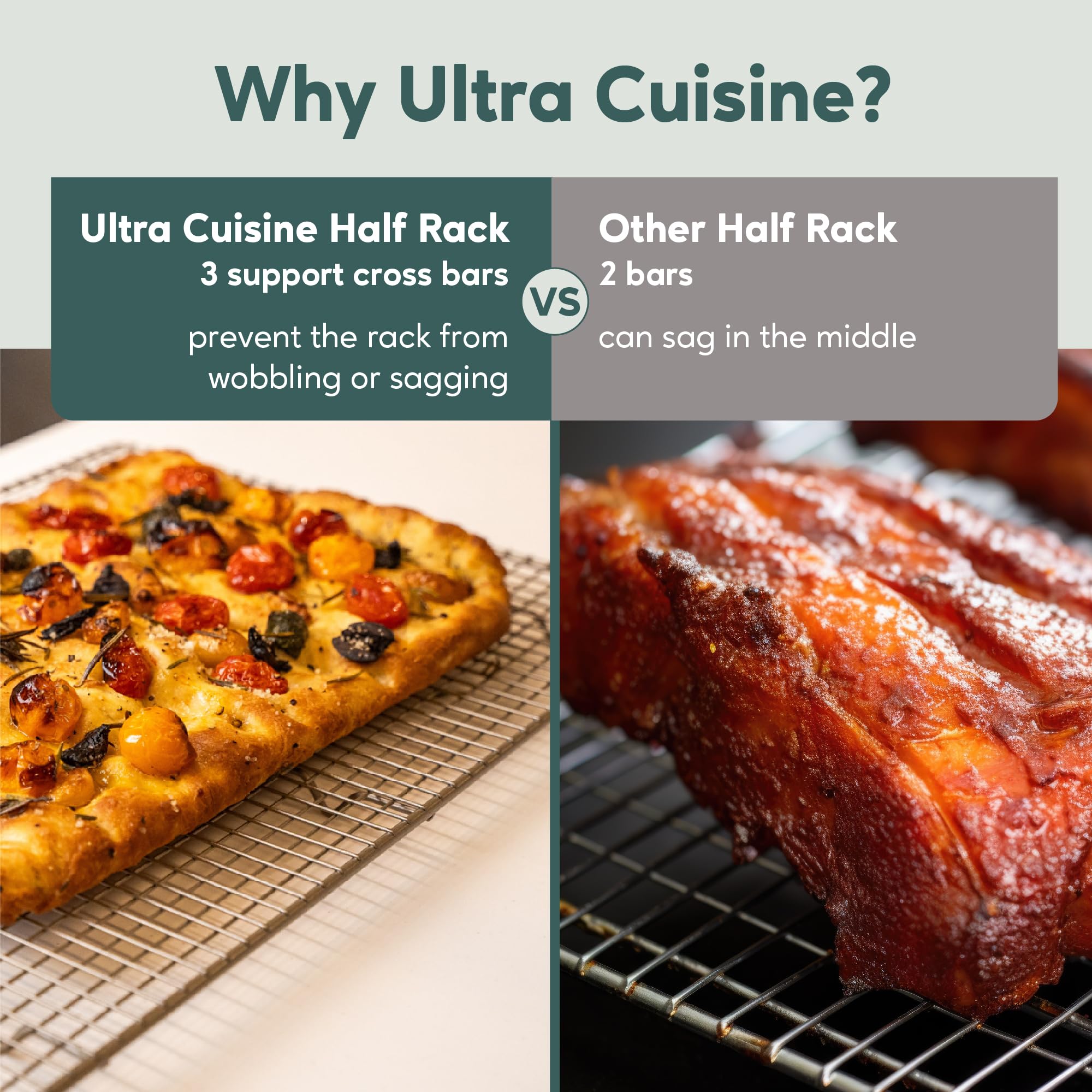 Ultra Cuisine cooling rack fits 12x8.5x1-inch quarter sheet pans for versatile use.