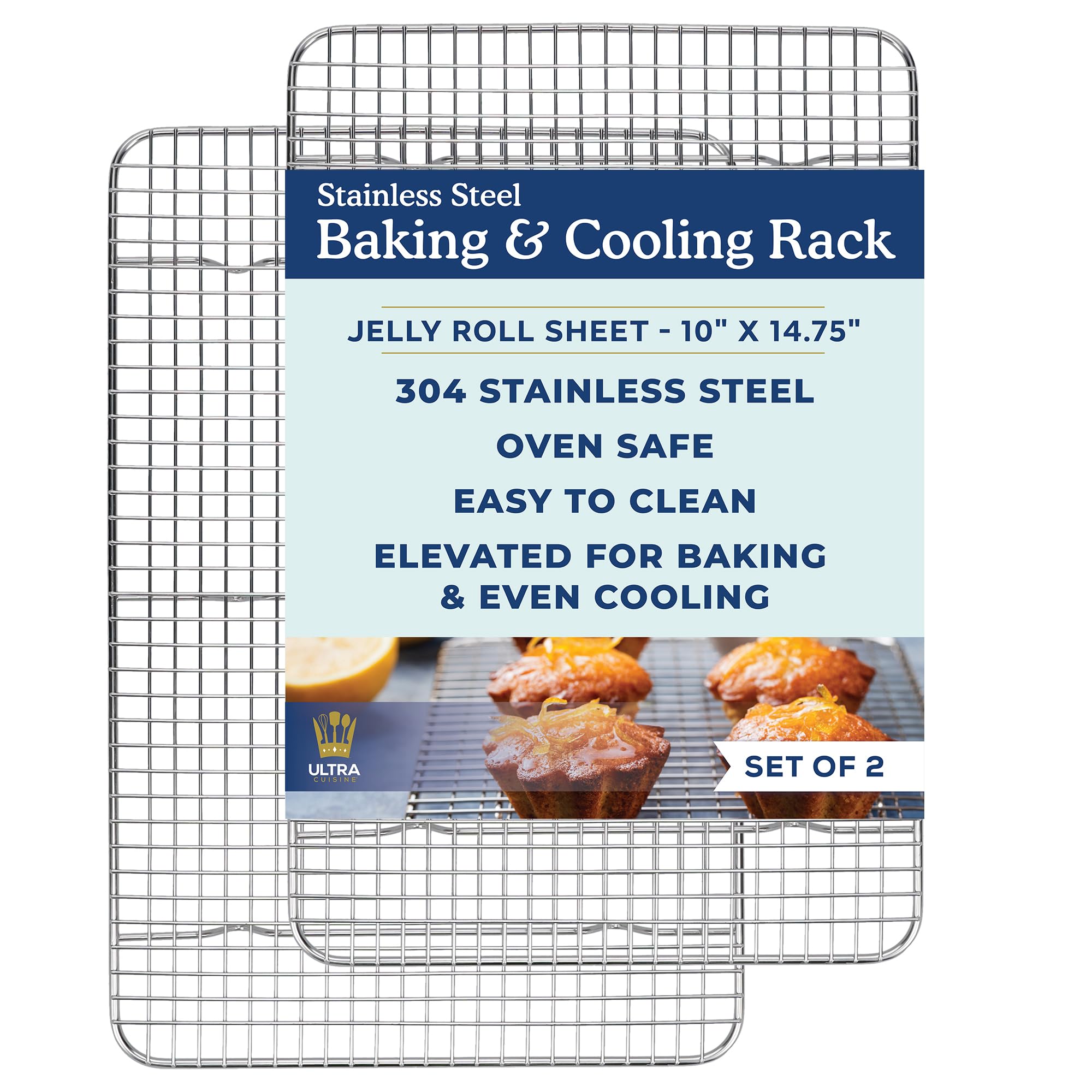Ultra Cuisine jelly roll cooling rack fits 10x15 pans for even cooling.