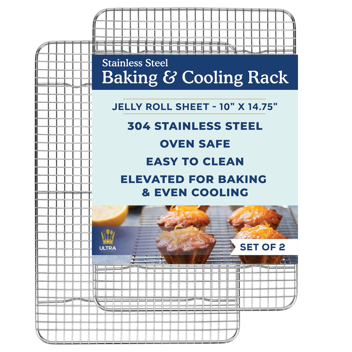 Ultra Cuisine jelly roll cooling rack fits 10x15 pans for even cooling.