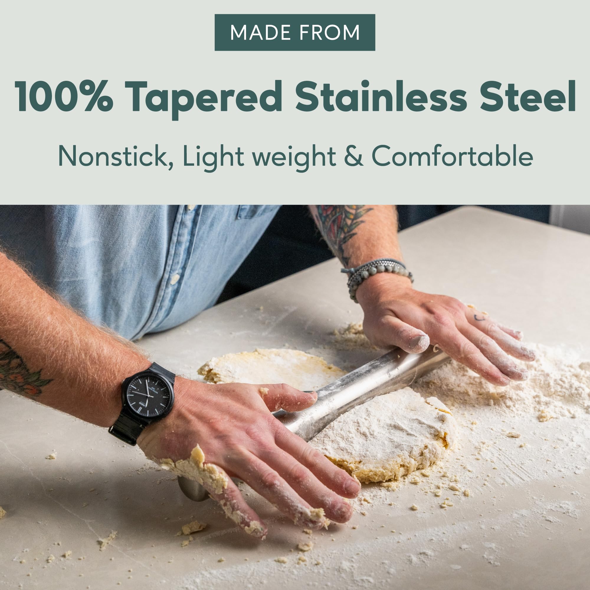 Ultra Cuisine stainless steel rolling pin close-up showing sleek durability