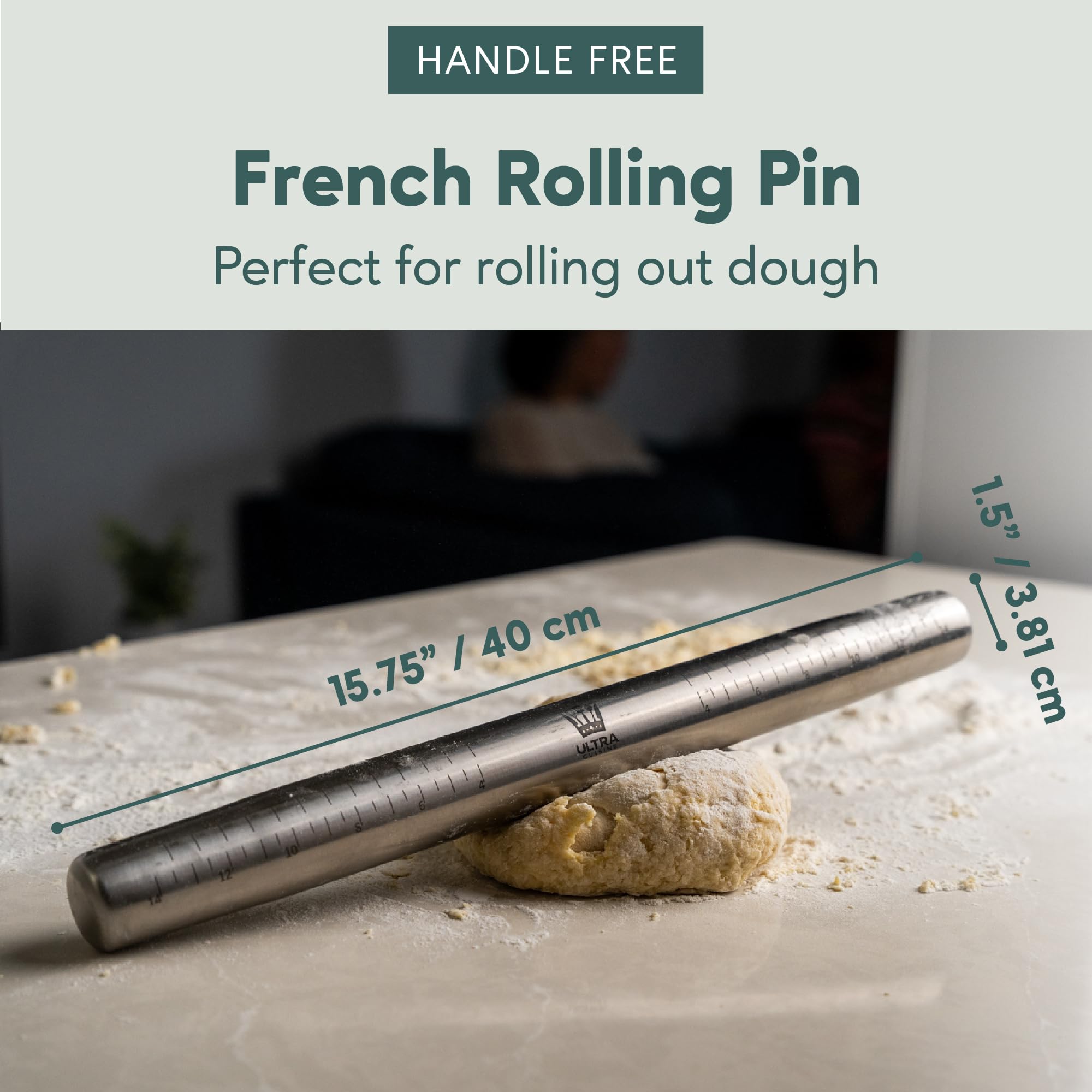 Ultra Cuisine rolling pin tapered design for easy handling and control.