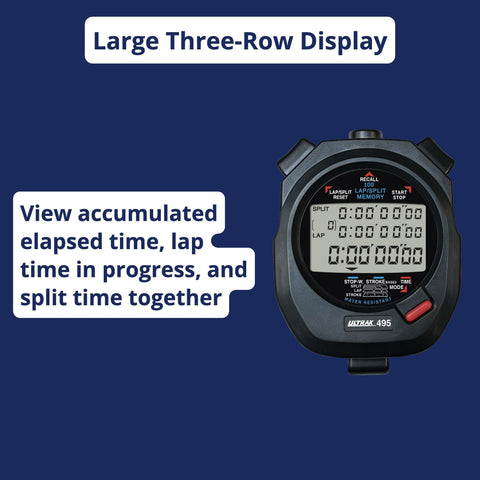 Ultrak 100 Lap Memory Timer black athletic wrist-strap in use.