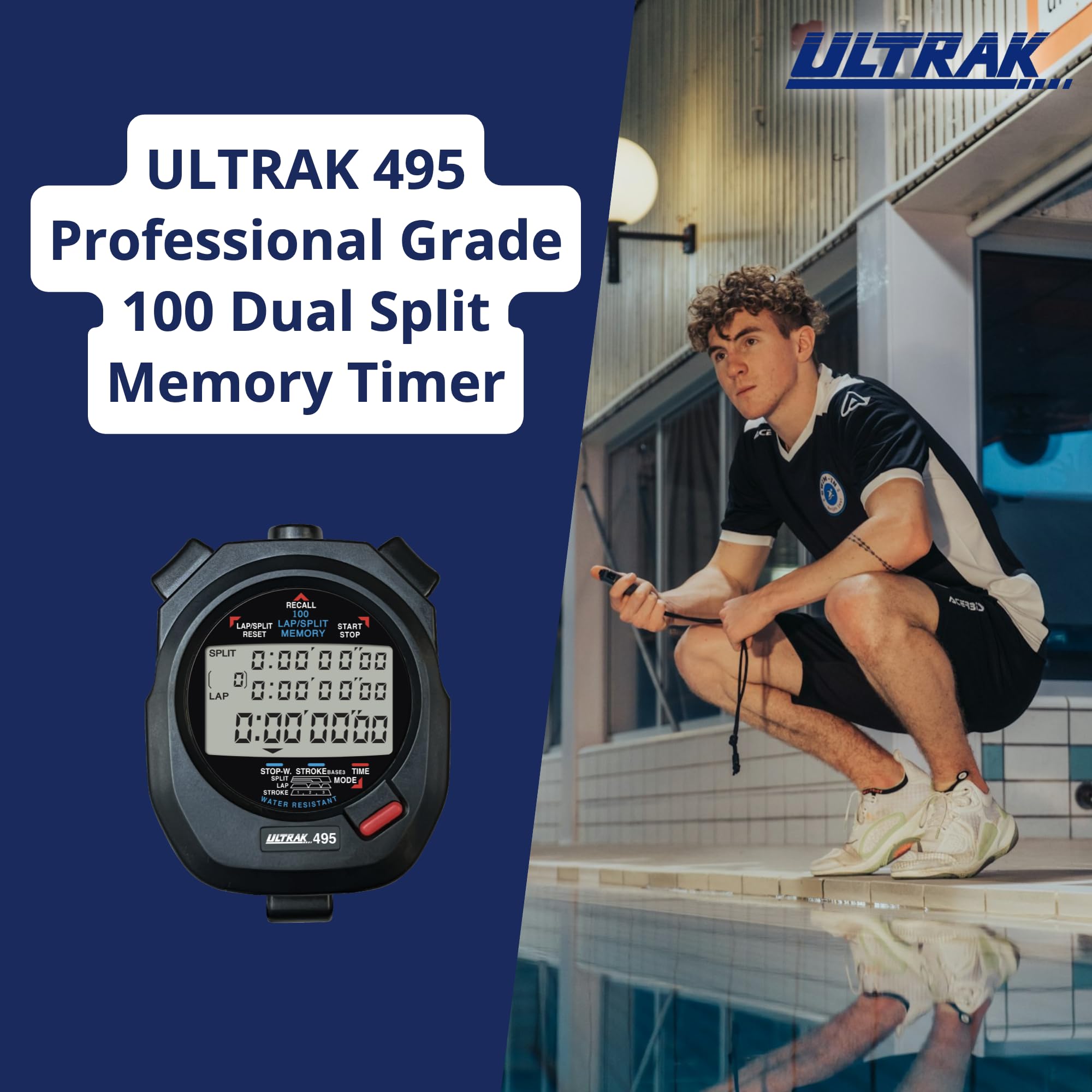 Ultrak 100 Lap Memory Timer black side view highlighting compact design.