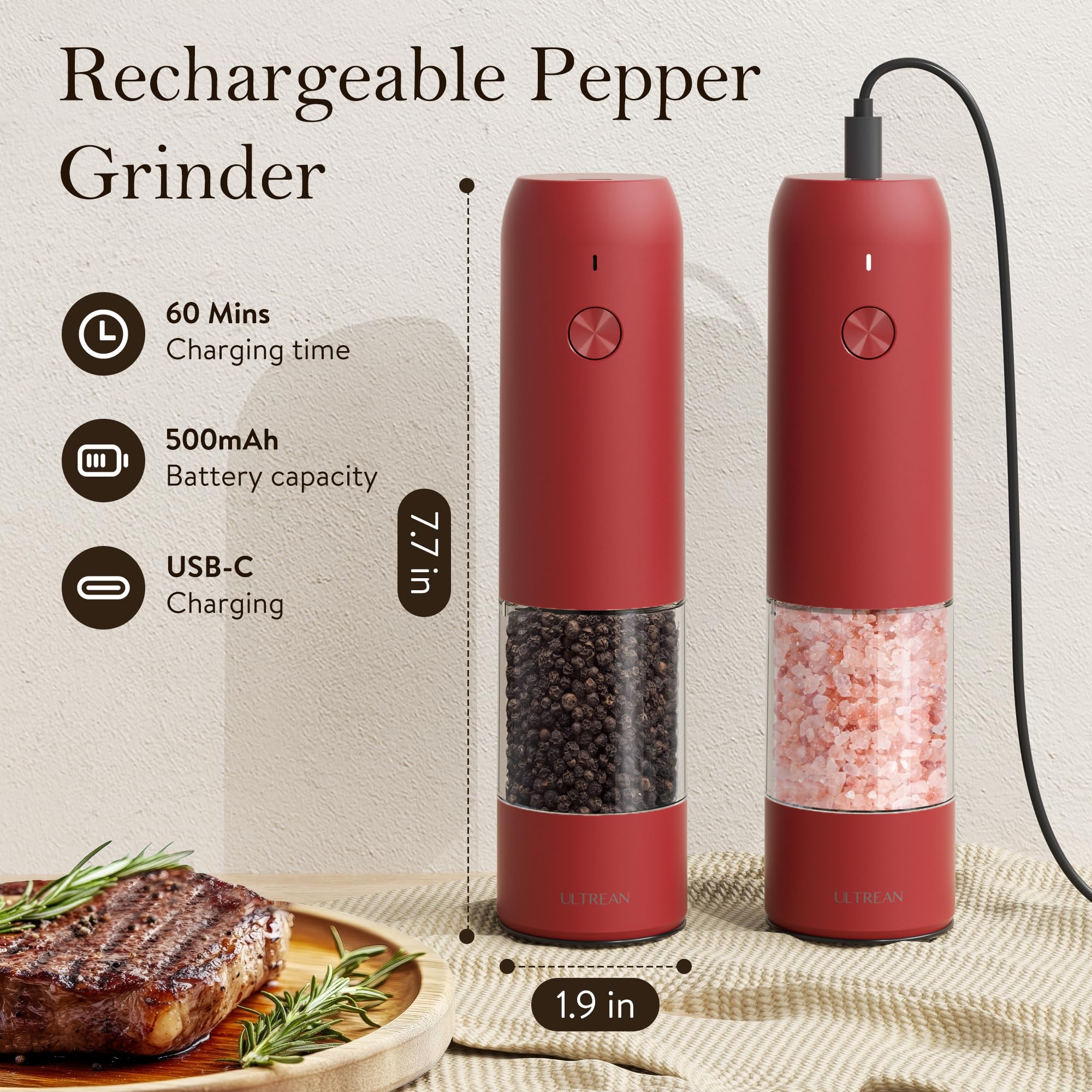 Ultrean grinder with ceramic core ensures consistent grind and aroma preservation.