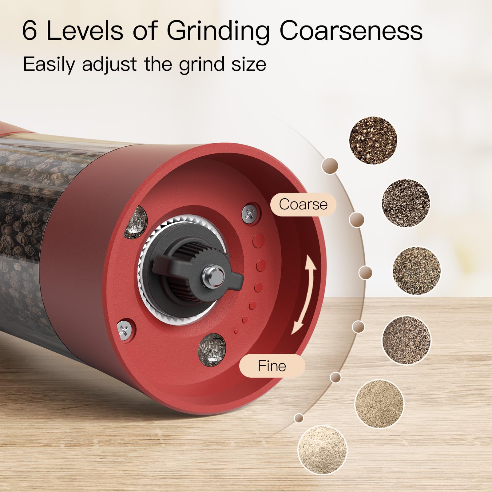 Ultrean ceramic core grinder with six grind settings for consistent texture.