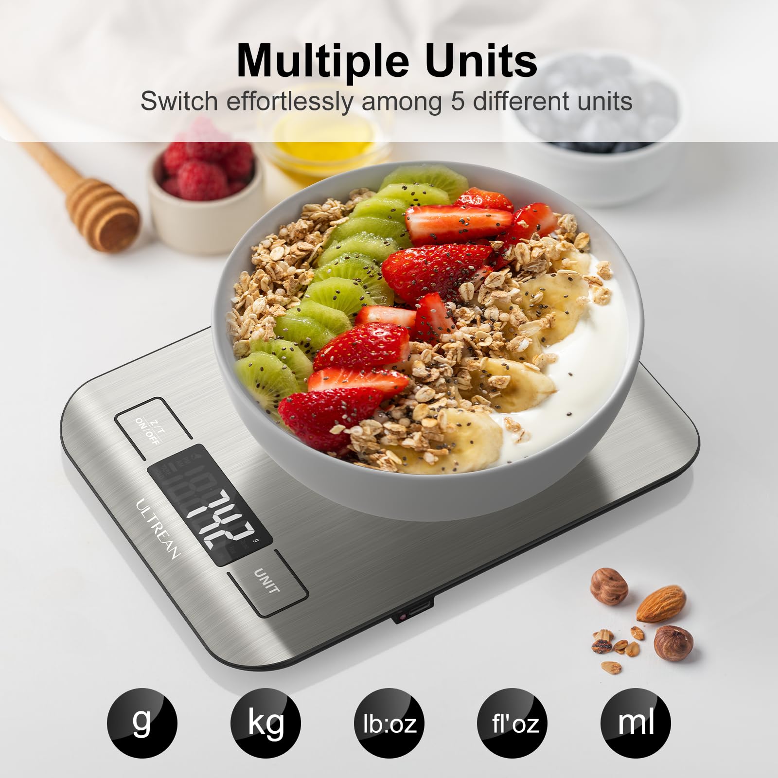 Ultrean food scale with USB-C charging and battery option for flexible power