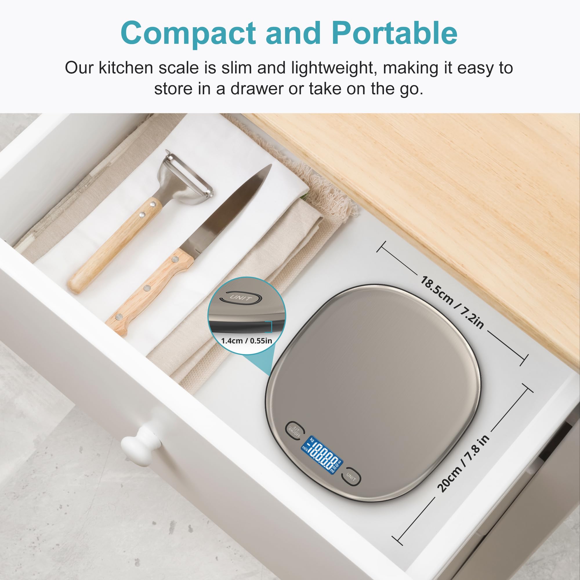 Ultrean large stainless-steel weighing surface accommodates bigger containers.