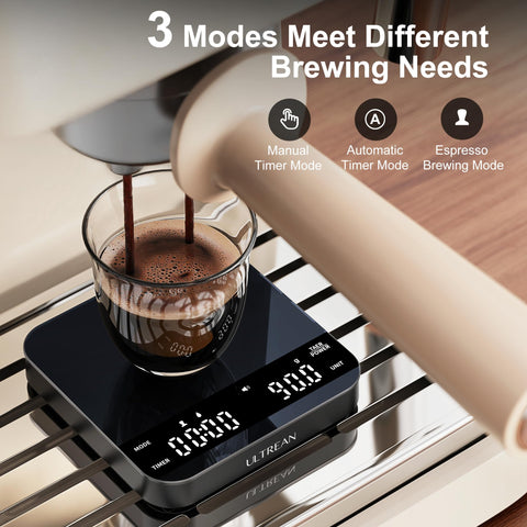 Ultrean mini scale timer in action for espresso brewing.