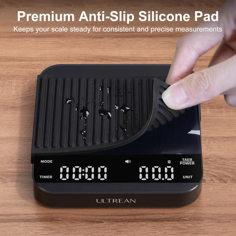 Compact footprint of the Ultrean mini coffee scale timer beside small brewers.