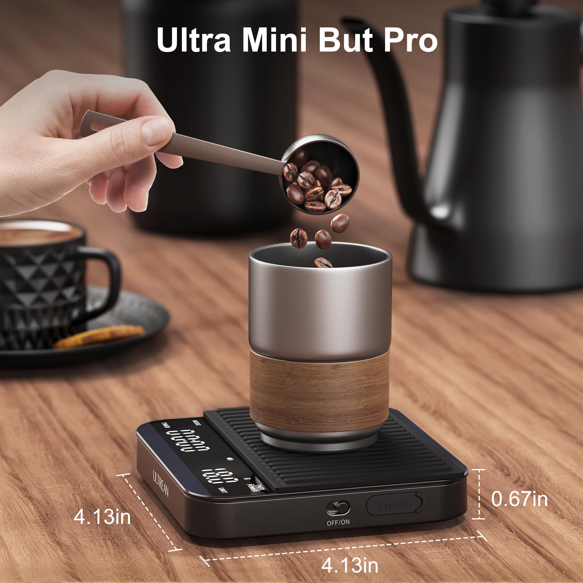 Ultrean scale on countertop ensures consistent pour over extraction.