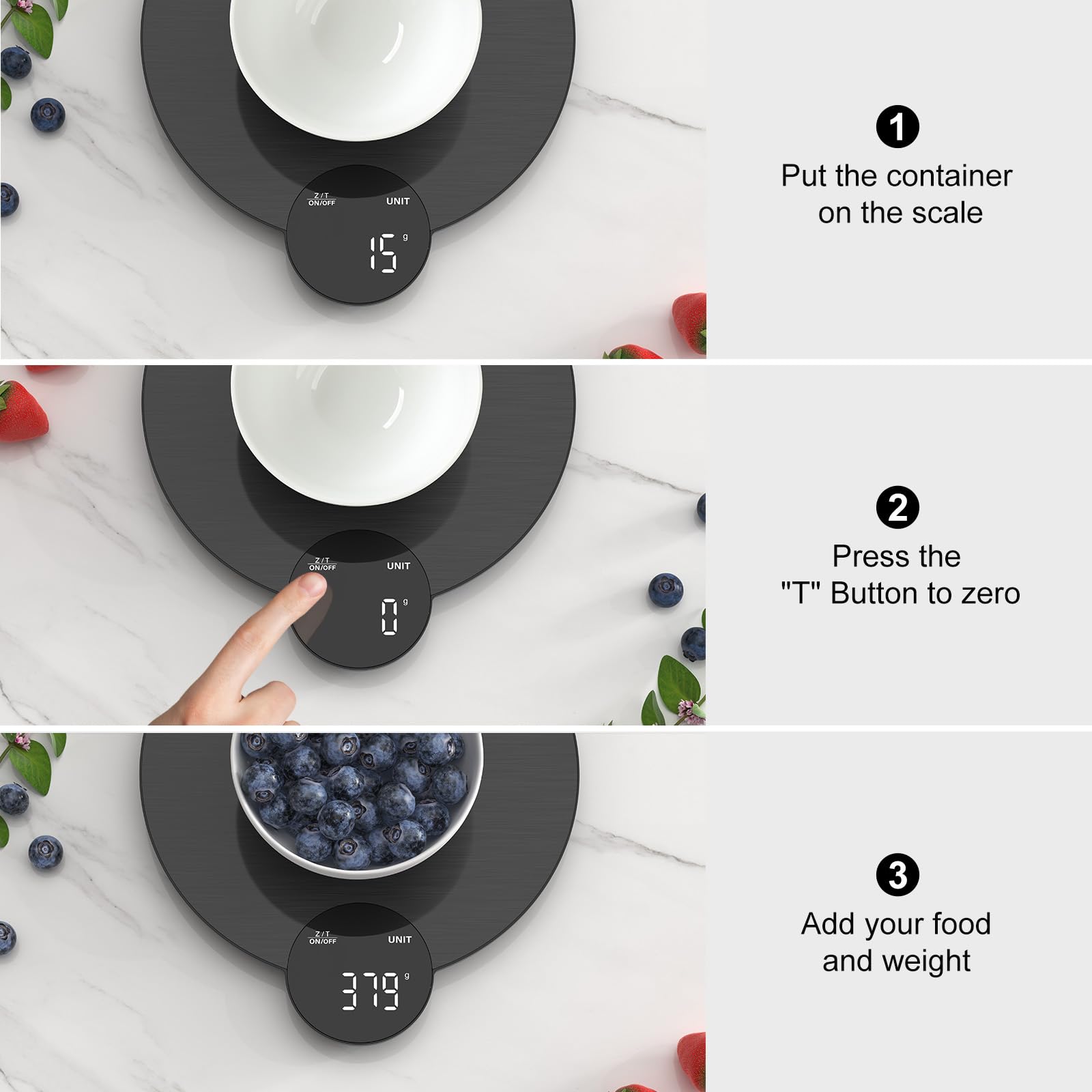 Ultrean scale on kitchen counter measuring up to 11 lb for diverse ingredients.