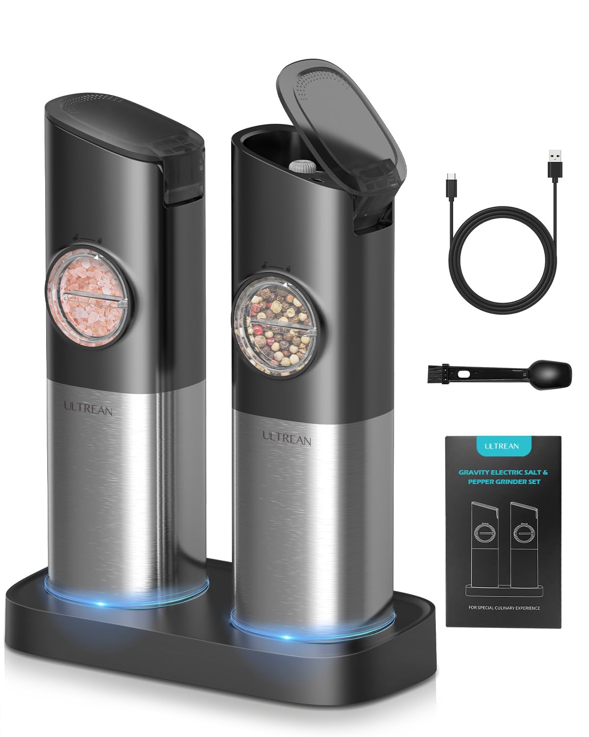 Ultrean rechargeable salt and pepper grinder front view with LED light for precise seasoning.