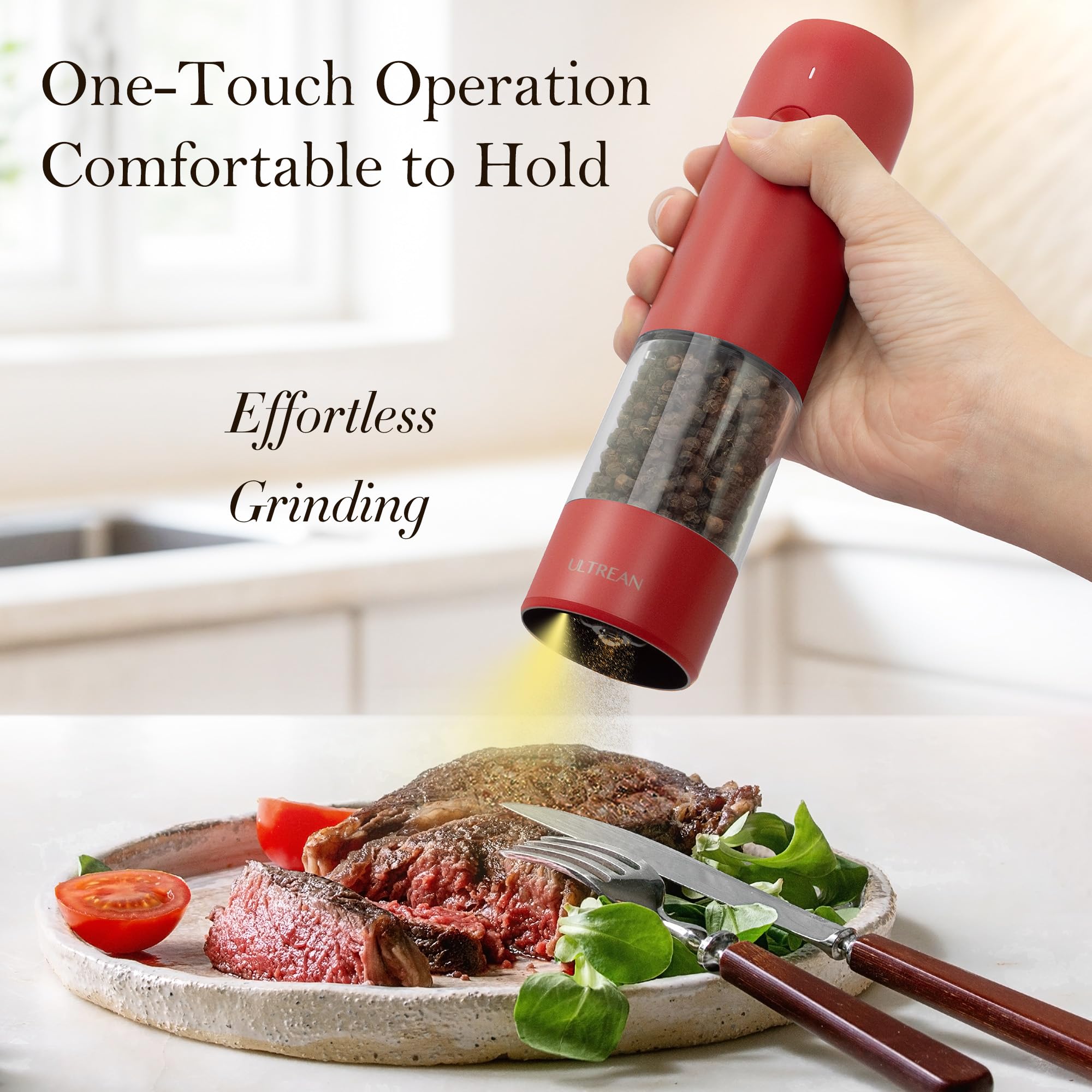 Ultrean salt and pepper grinder charging with USB-C for quick, rechargeable power.