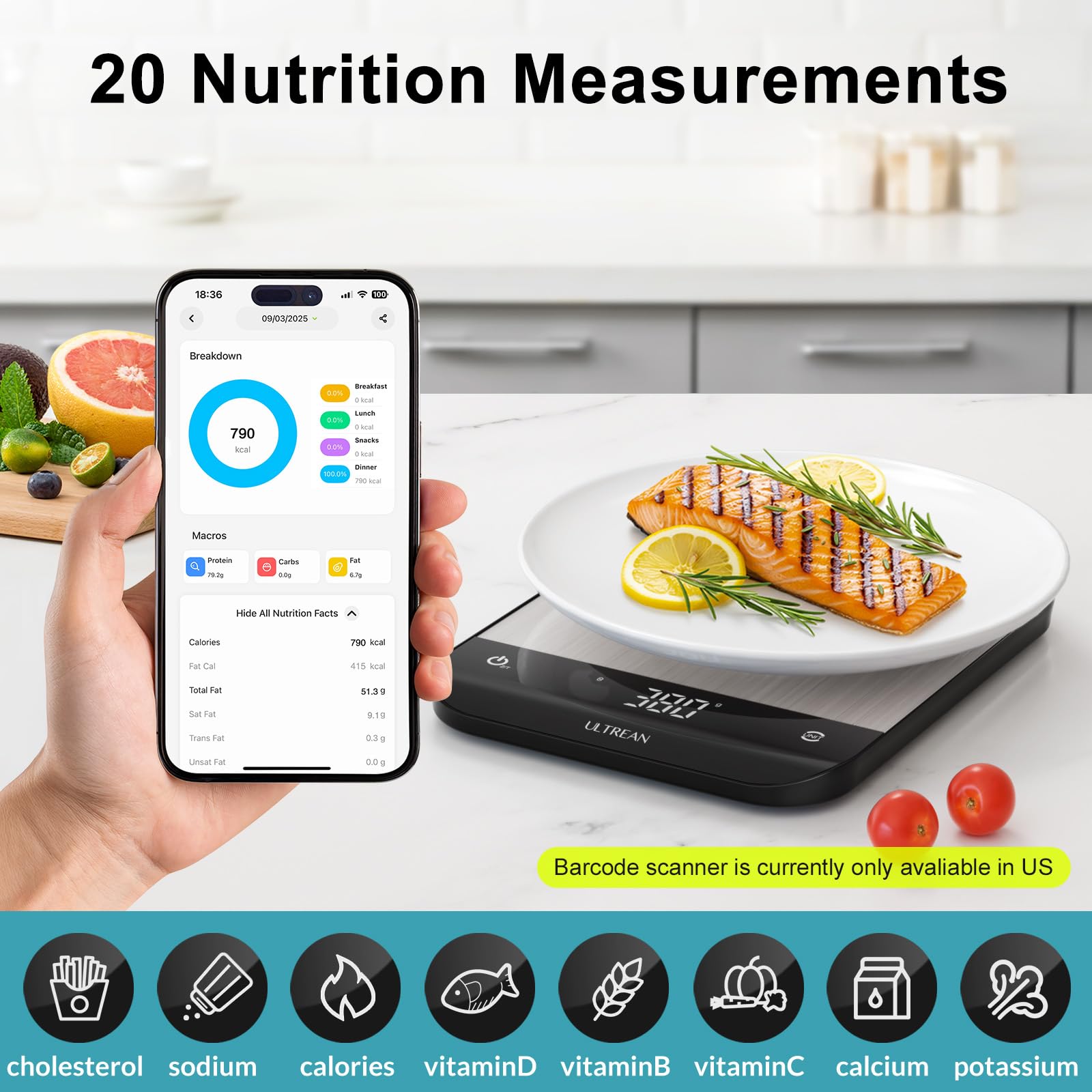 Ultrean scale connected via Bluetooth to Nutriscale App for tracking