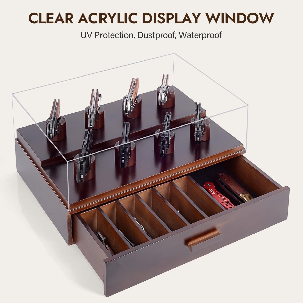 ULTRGEE knife display case with acrylic cover protects blades from sunlight while showcasing them