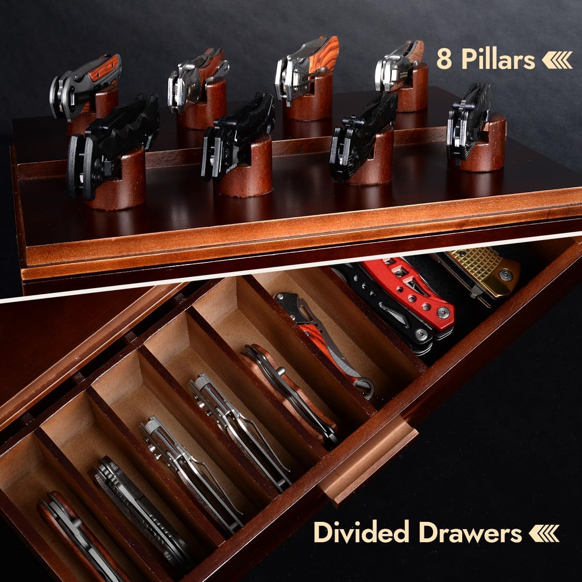 ULTRGEE knife display case lower drawer twelve grids keeps blades neatly stored and accessible