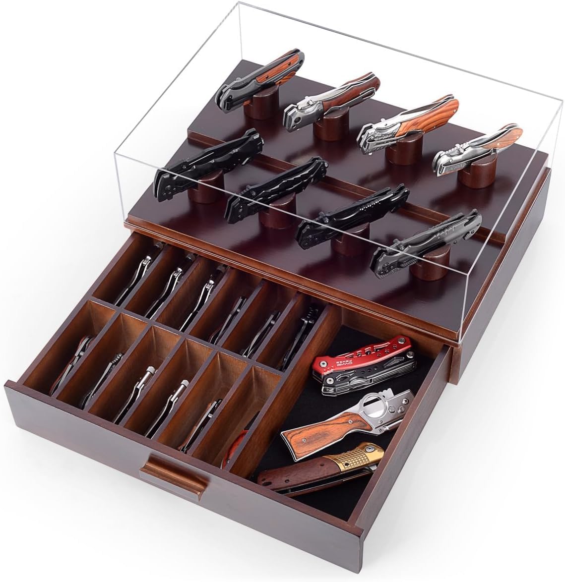 ULTRGEE knife display case upper tier eight pillars highlights collection with organized presentation