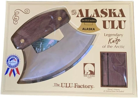 Ergonomic wooden handle supports comfortable, one-handed use on the Alaskan Ulu.