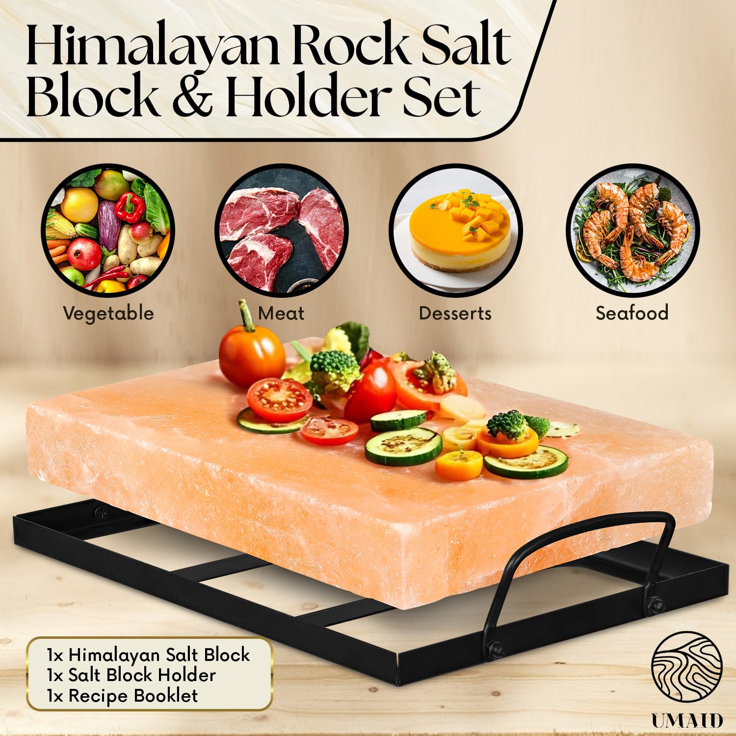 UMAID Himalayan salt block cooking on a stovetop for even searing results.