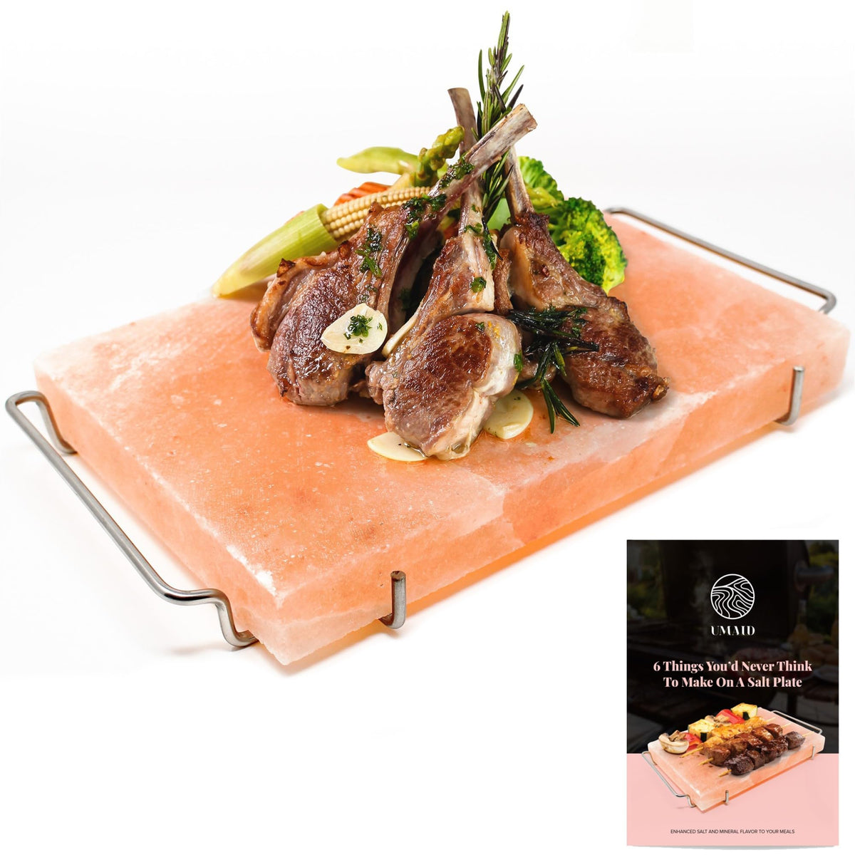 UMAID Himalayan salt block on grill for enhanced smoky flavor