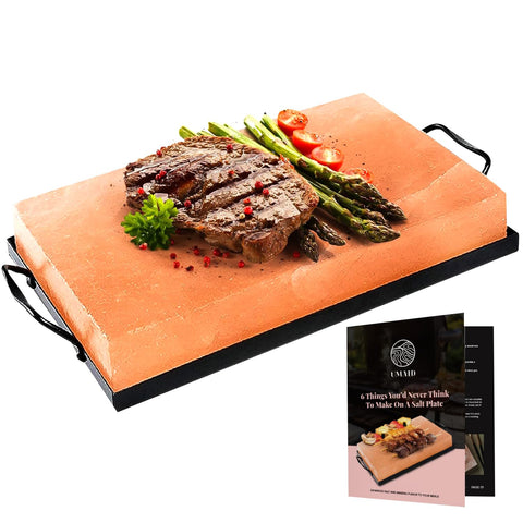 UMAID Himalayan salt block plate showing natural pink crystals for stylish serving and flavor enhancement.