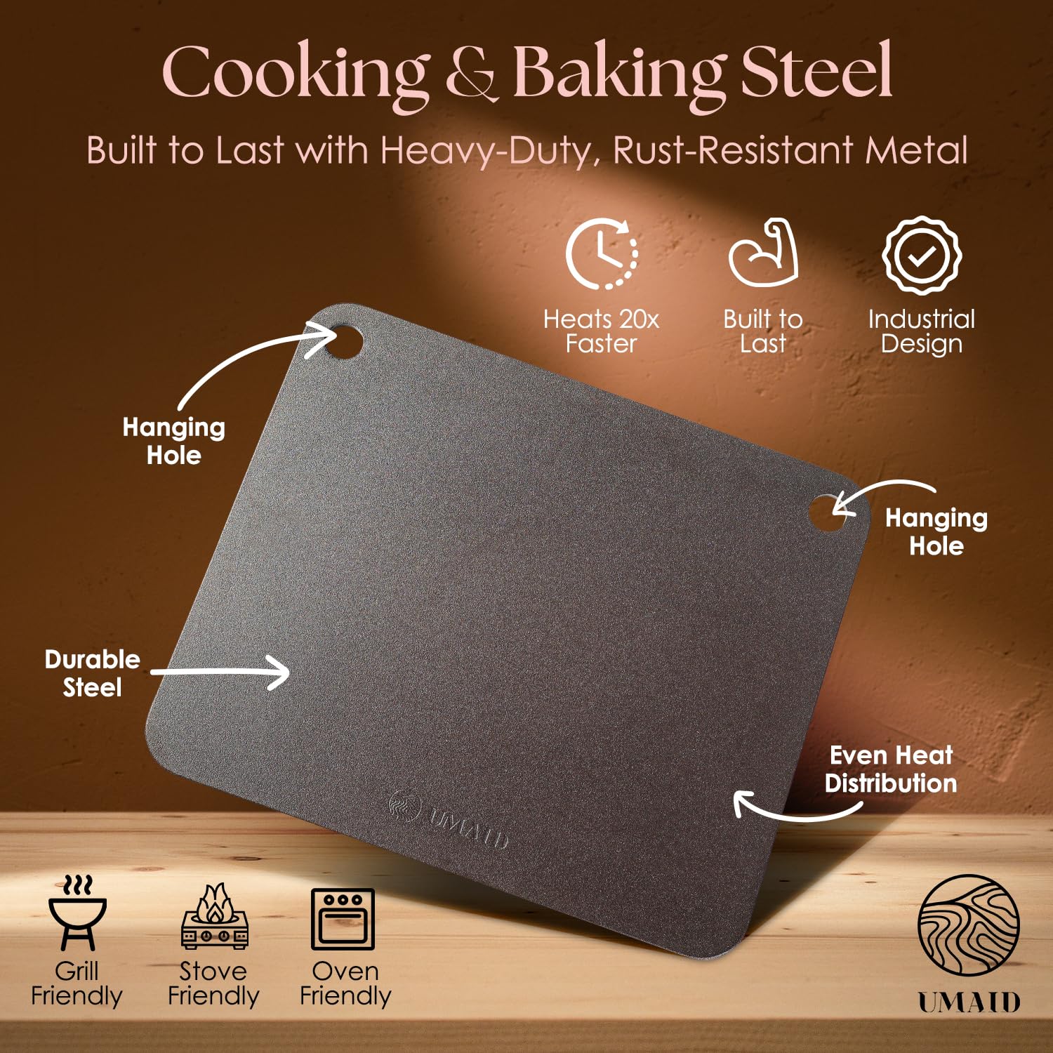 UMAID pizza steel on grill delivers even sear and browning.